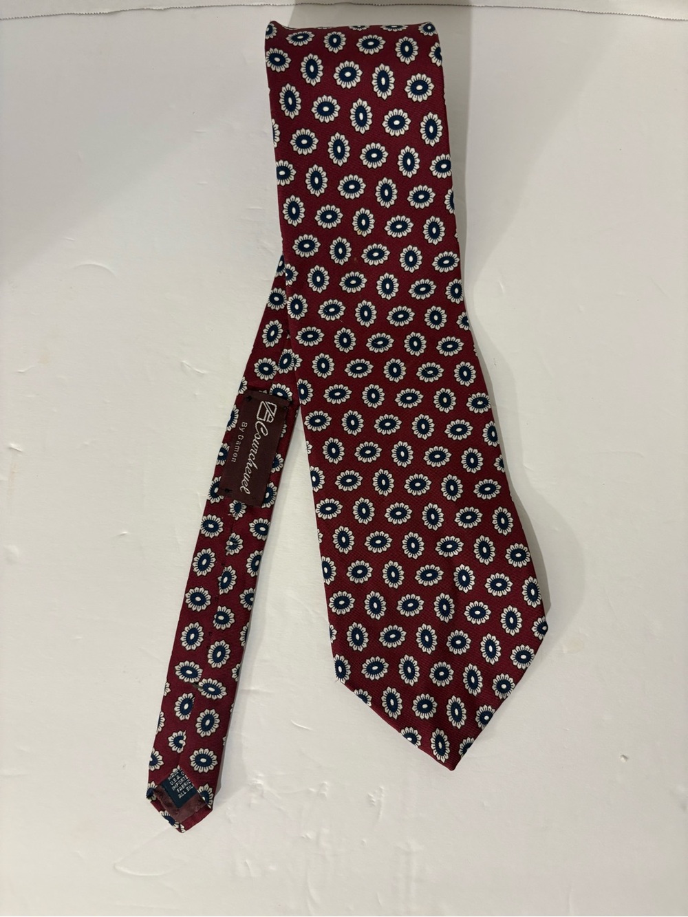 Vintage Courchevel by Damon 100% Silk Made in USA Burgundy w/ Blue & White Print